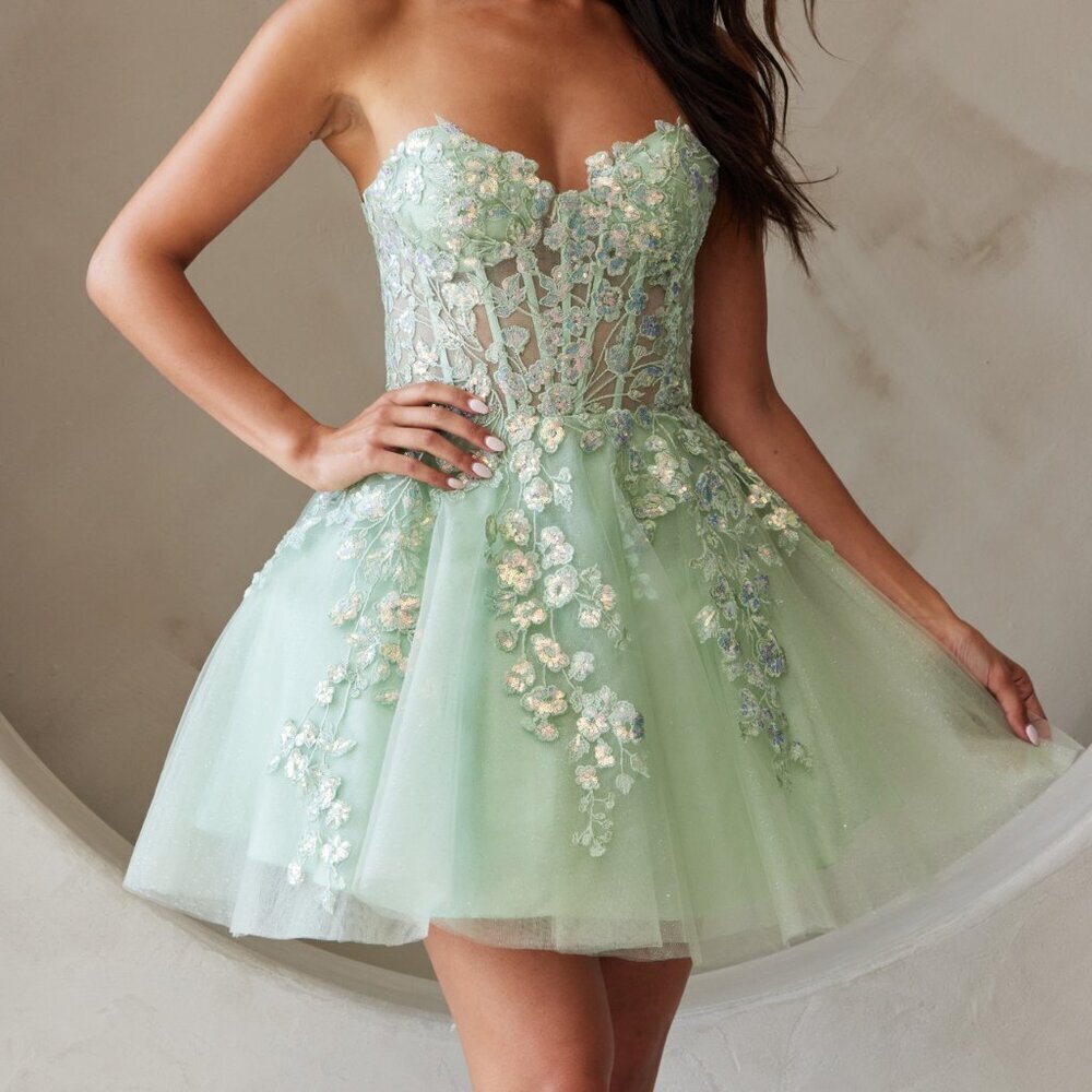 NEW SHORT FORMAL SLEEVELESS STRAPLESS A-LINE SEQUIN EMBELLISHED BZ9024S